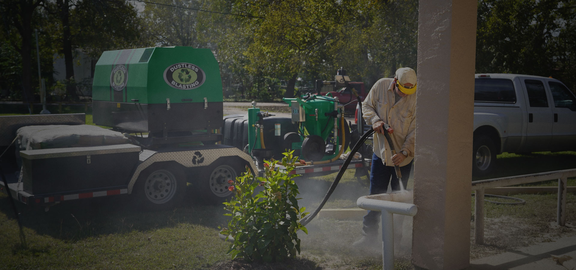 Blast The Past technician dustless blasting on location in Greater Austin